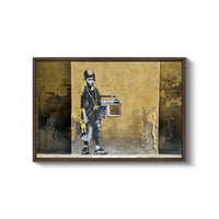 a painting of a man with a boombox on the side of a building