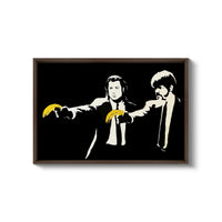 a painting of two men pointing bananas at each other