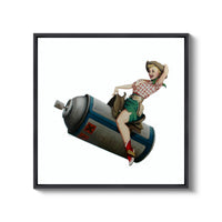 a picture of a woman riding on top of a barrel