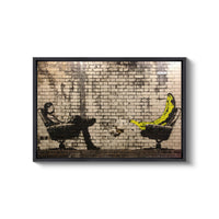 a picture of a banana sitting on a chair in front of a brick wall