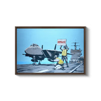 a painting of a fighter jet sitting on top of an aircraft carrier