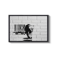 a black and white picture of a lion on a brick wall