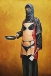 a painting of a woman in a costume holding a frying pan