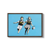 a painting of two people running in the air