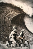 a painting of two women sitting in front of a giant wave