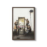 a picture of a group of soldiers standing in front of a phone booth