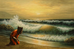 a painting of a person kneeling on a beach