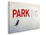 a painting of a person on a swing with the word parking painted on it