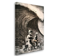 a painting of a man and woman standing in front of a giant wave