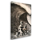 a painting of a man and woman standing in front of a giant wave