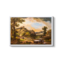 a painting of a landscape with a truck parked in front of it