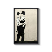 a black and white photo of two people hugging