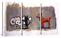 a painting of a dog and a cat standing in front of a wall with graffiti