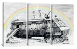 a black and white picture of a bus with a rainbow in the background