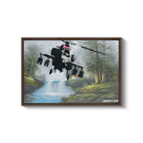 a painting of a helicopter flying over a waterfall