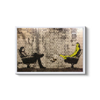 a picture of a banana sitting on a chair in front of a brick wall