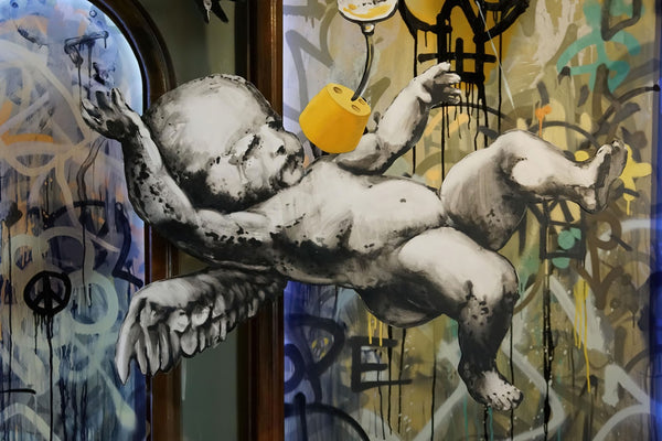 a painting of a baby holding a yellow cup