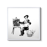 a black and white drawing of a man with an easel