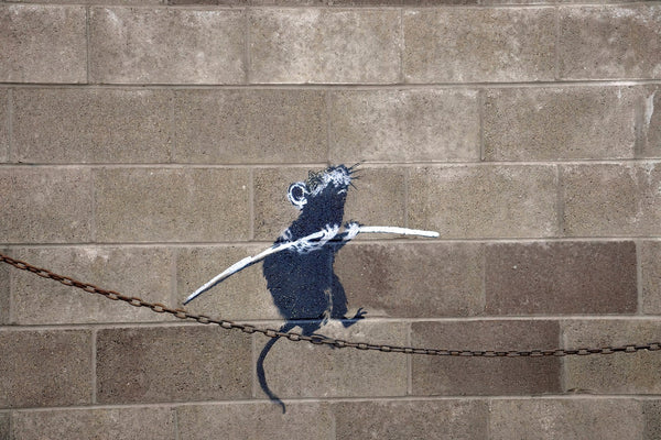 a rat on a chain on the side of a building