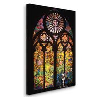 a large stained glass window with graffiti all over it