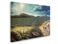 a painting of a man and a woman walking away from a fence