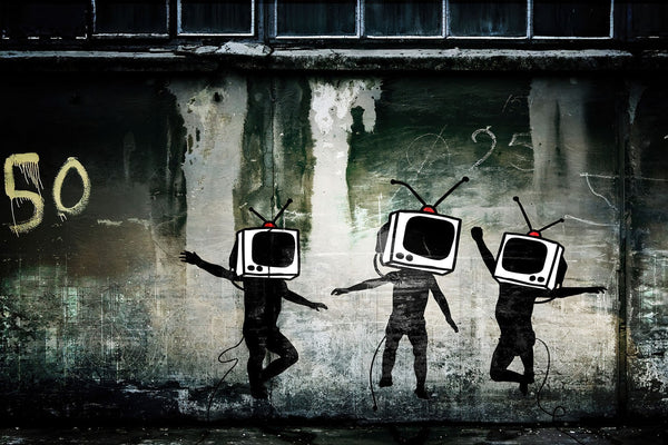 a painting of three people with tvs on their heads