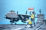 a painting of a man holding a sign next to a fighter jet