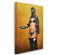 a painting of a person in a costume holding a frying pan