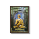 a painting of a buddha sitting in front of a fence