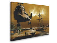 a painting of a helicopter flying over a boat