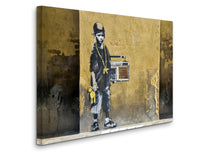 a painting of a man with a radio on a wall