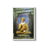 a painting of a buddha sitting on a bench