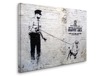 a painting of a man walking a dog on a brick wall