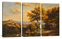 a painting of a landscape with trees and mountains