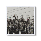 a black and white photo of a group of people behind a barb wire fence