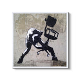a black and white painting of a man with a computer chair