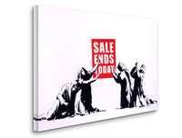 a painting of people holding a sale ends today sign