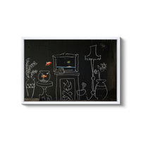 a blackboard with a drawing of a living room