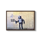 a picture of a robot spray painting on a brick wall