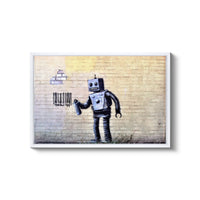 a picture of a robot spray painting on a brick wall