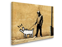 a man walking a dog on a leash painted on a wall