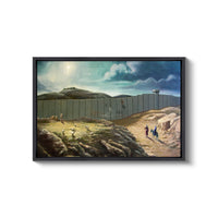 a painting of a fenced in area with people on it