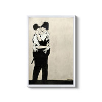 a black and white photo of two people hugging