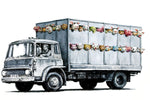 a drawing of a truck with stuffed animals on the back