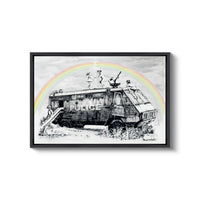 a black and white drawing of a truck with a rainbow in the background