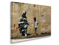 a painting of a soldier and a child on a wall