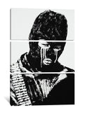 a black and white painting of a person with a hood on