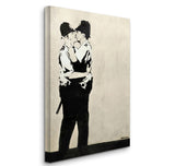 a black and white painting of a couple kissing