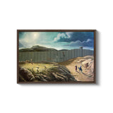 a painting of a fenced in area with people walking