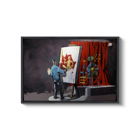 a painting of a man standing next to a easel